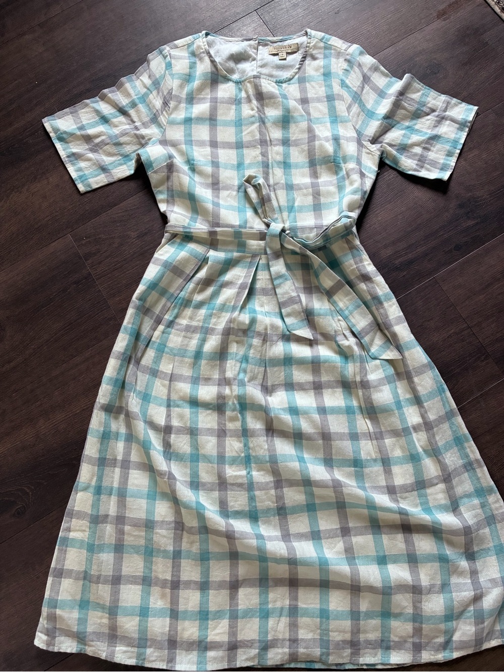 Anthropologie Polagram Plaid 100% Cotton Tie Waist Midi Dress Small